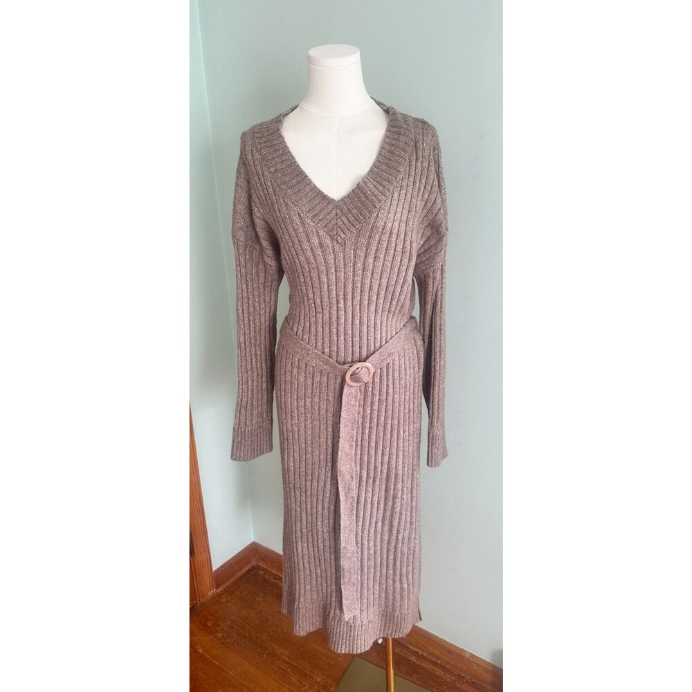 Tahari NWOT Brown Ribbed Belted Maxi Sweater Dress Size Large